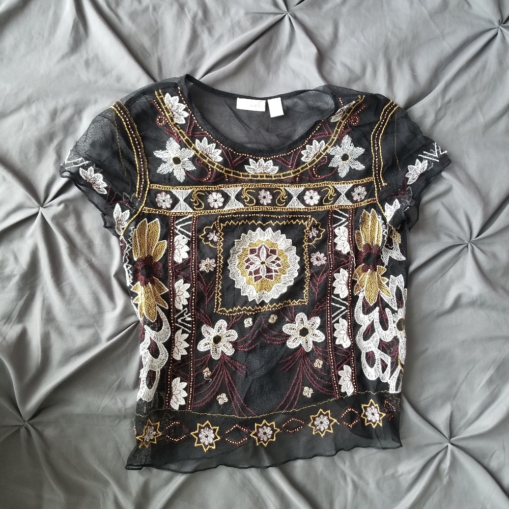 Black Embroidered and Beaded Crop Top